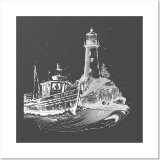 lighthouse with an old boat in vintage style Posters and Art